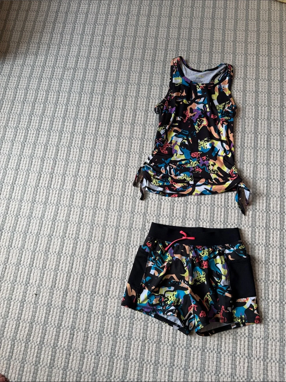 tek gear Black Multicolor Girls' Matching Tank Top & Shorts Set
